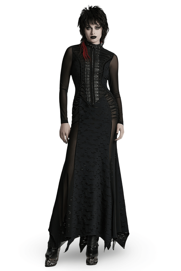 Gothic Tattered Mesh Pleated Punk Long Dress - image 1