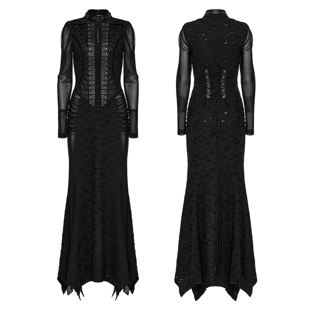 Gothic Tattered Mesh Pleated Punk Long Dress - image 3