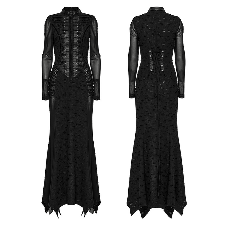 Gothic Tattered Mesh Pleated Punk Long Dress - image 3