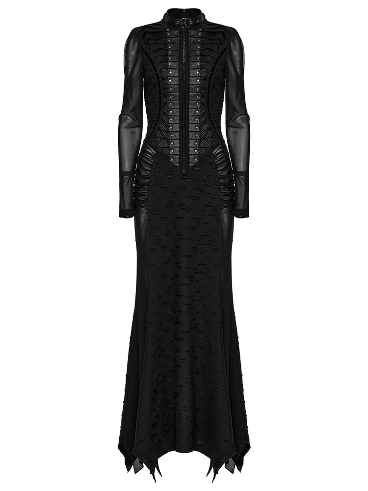 Gothic Tattered Mesh Pleated Punk Long Dress - image 4