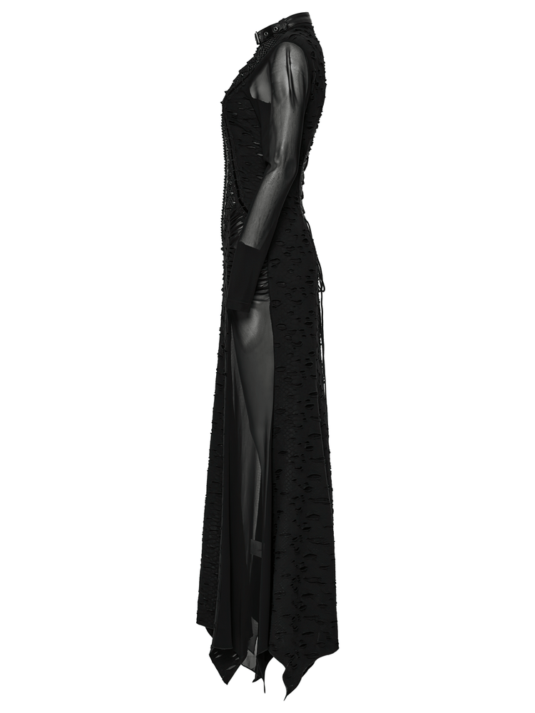 Gothic Tattered Mesh Pleated Punk Long Dress - image 5