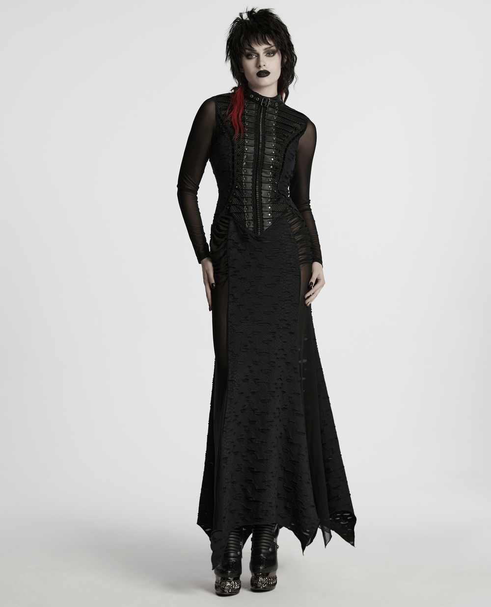 Gothic Tattered Mesh Pleated Punk Long Dress - image 14