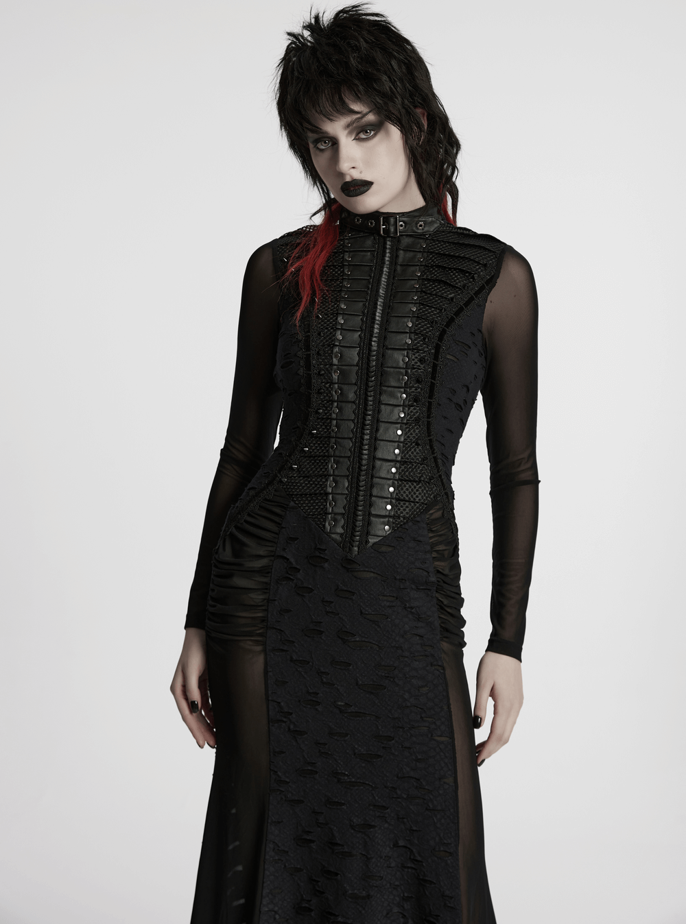 Gothic Tattered Mesh Pleated Punk Long Dress - image 11