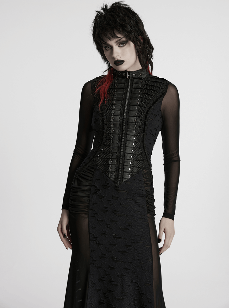 Gothic Tattered Mesh Pleated Punk Long Dress - image 11