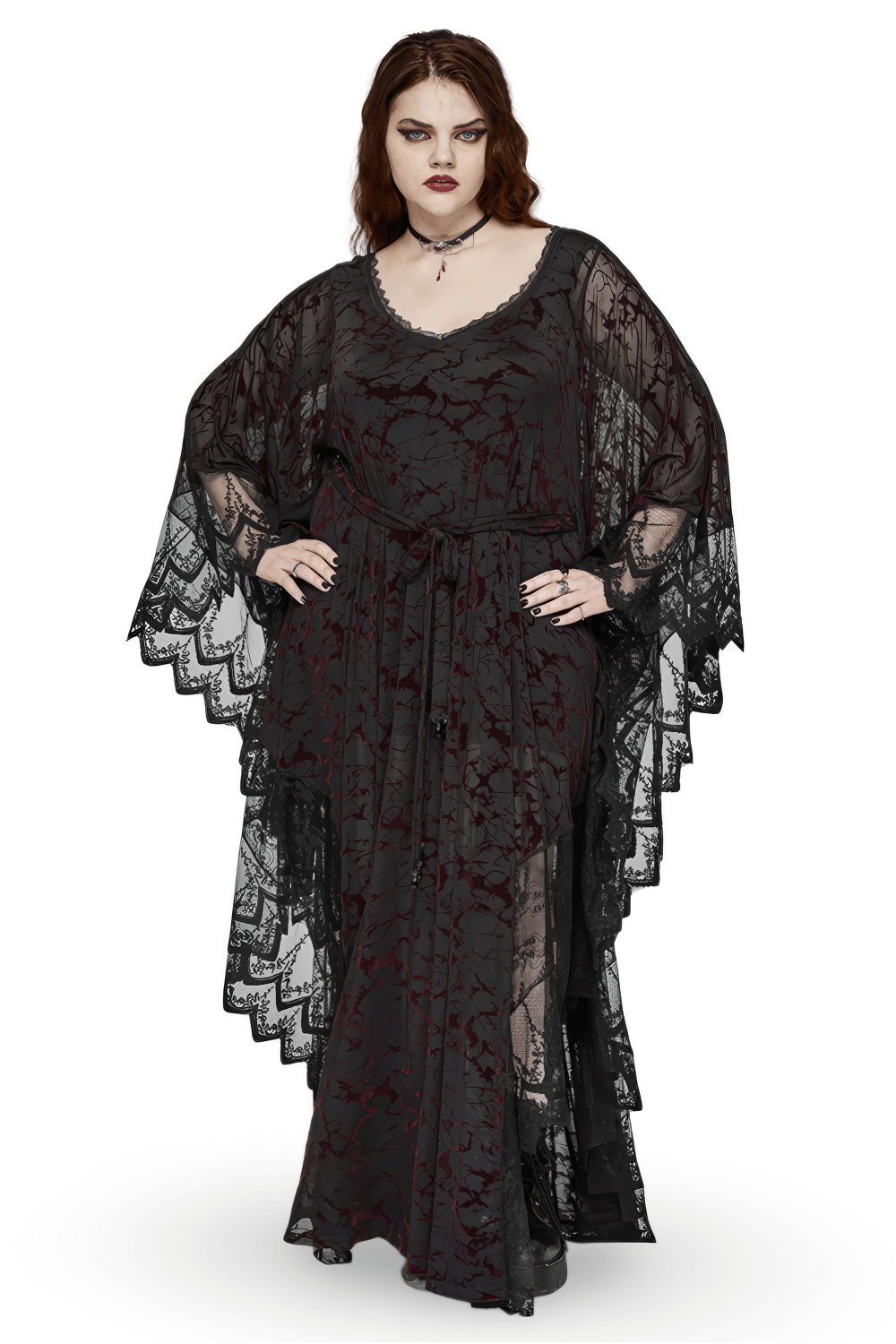 Gothic V-neck Black Maxi Dress with Water Droplet Waistband - image 1