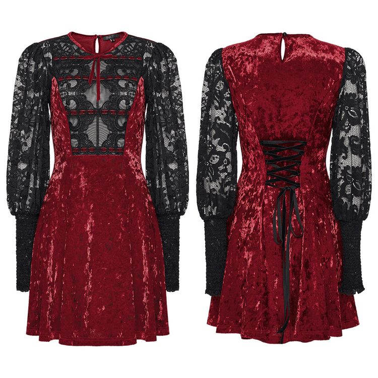 Gothic Velvet and Lace Dress with Retro Lantern Sleeves - image 3