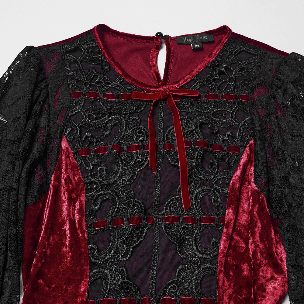 Gothic Velvet and Lace Dress with Retro Lantern Sleeves - image 7