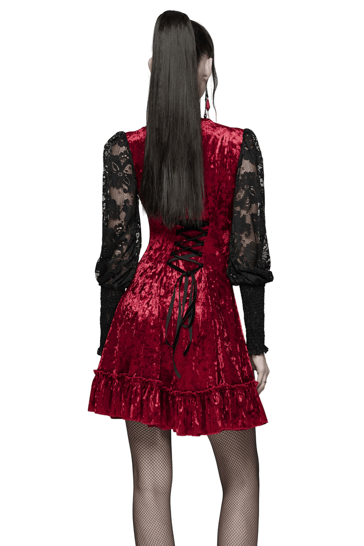 Gothic Velvet and Lace Dress with Retro Lantern Sleeves - image 2