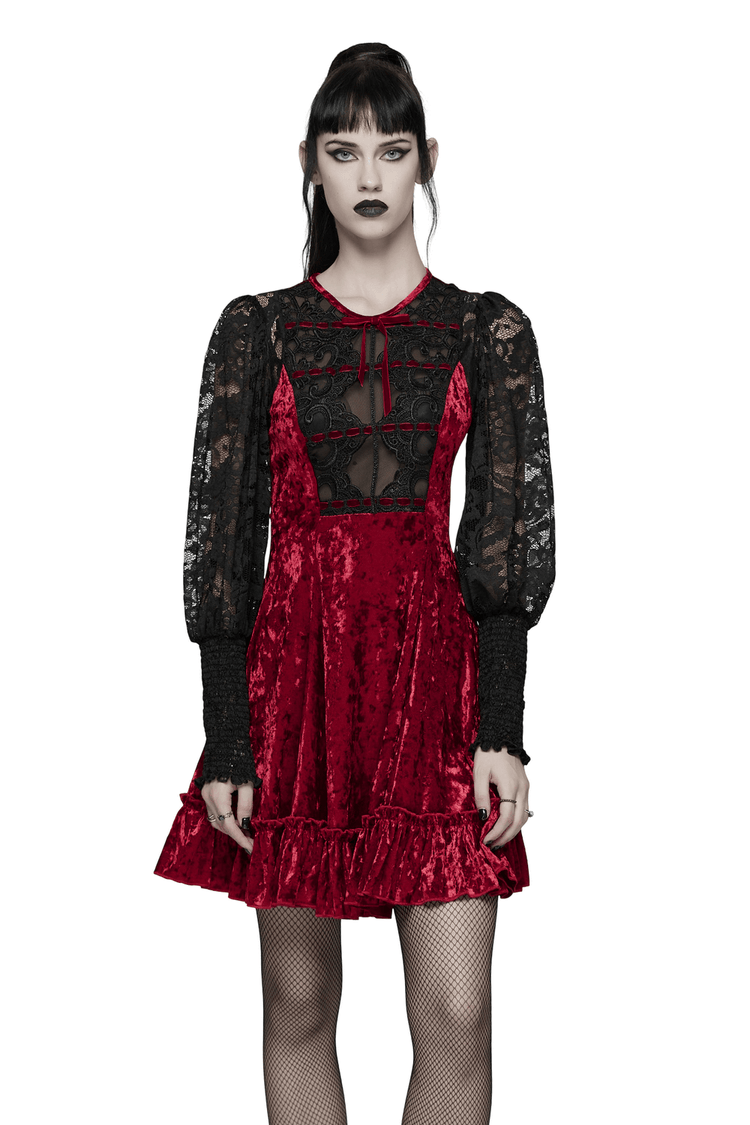Gothic Velvet and Lace Dress with Retro Lantern Sleeves - image 1