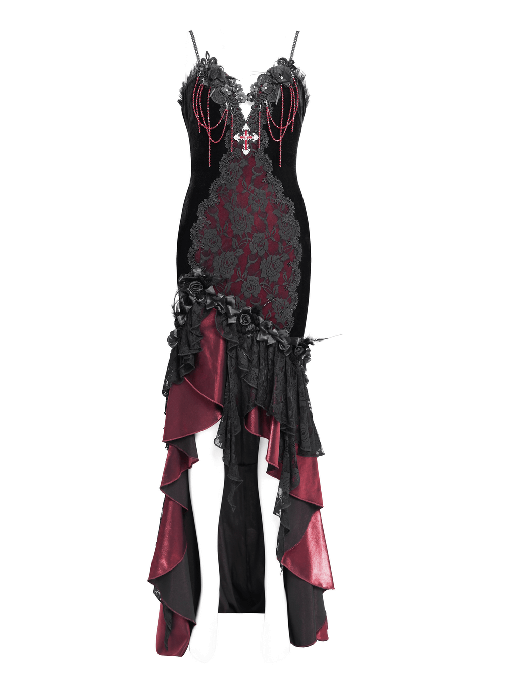 Gothic Velvet and Lace High-Low Dress with Cross Pendant - image 4