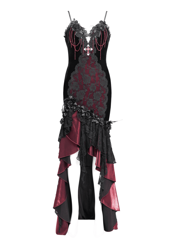 Gothic Velvet and Lace High-Low Dress with Cross Pendant - image 4