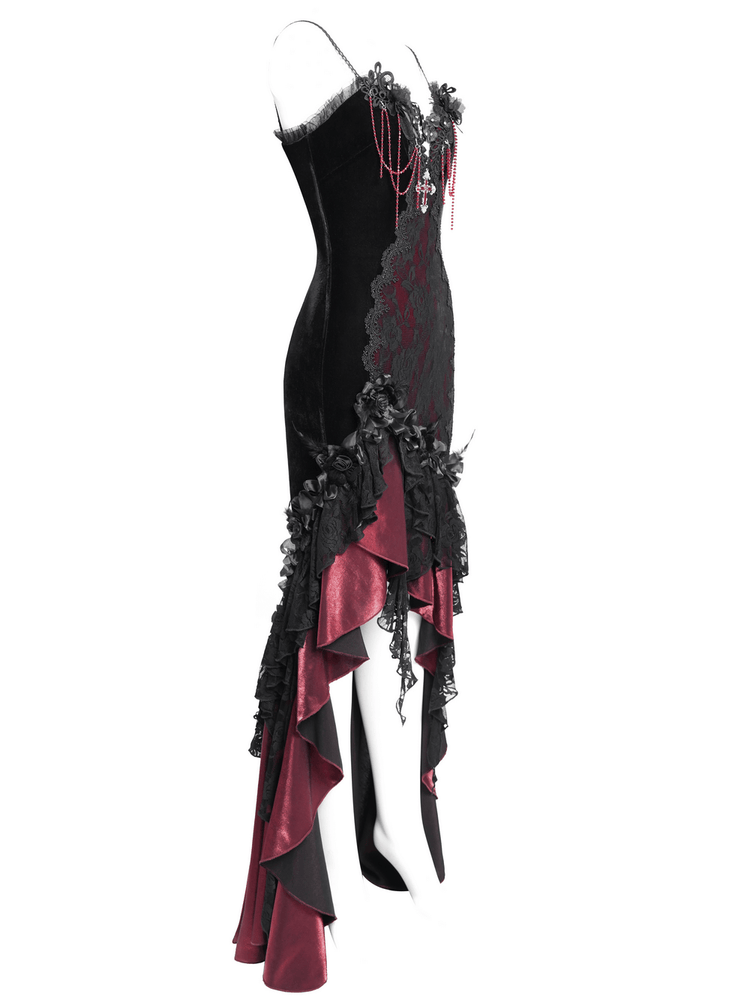 Gothic Velvet and Lace High-Low Dress with Cross Pendant - image 5