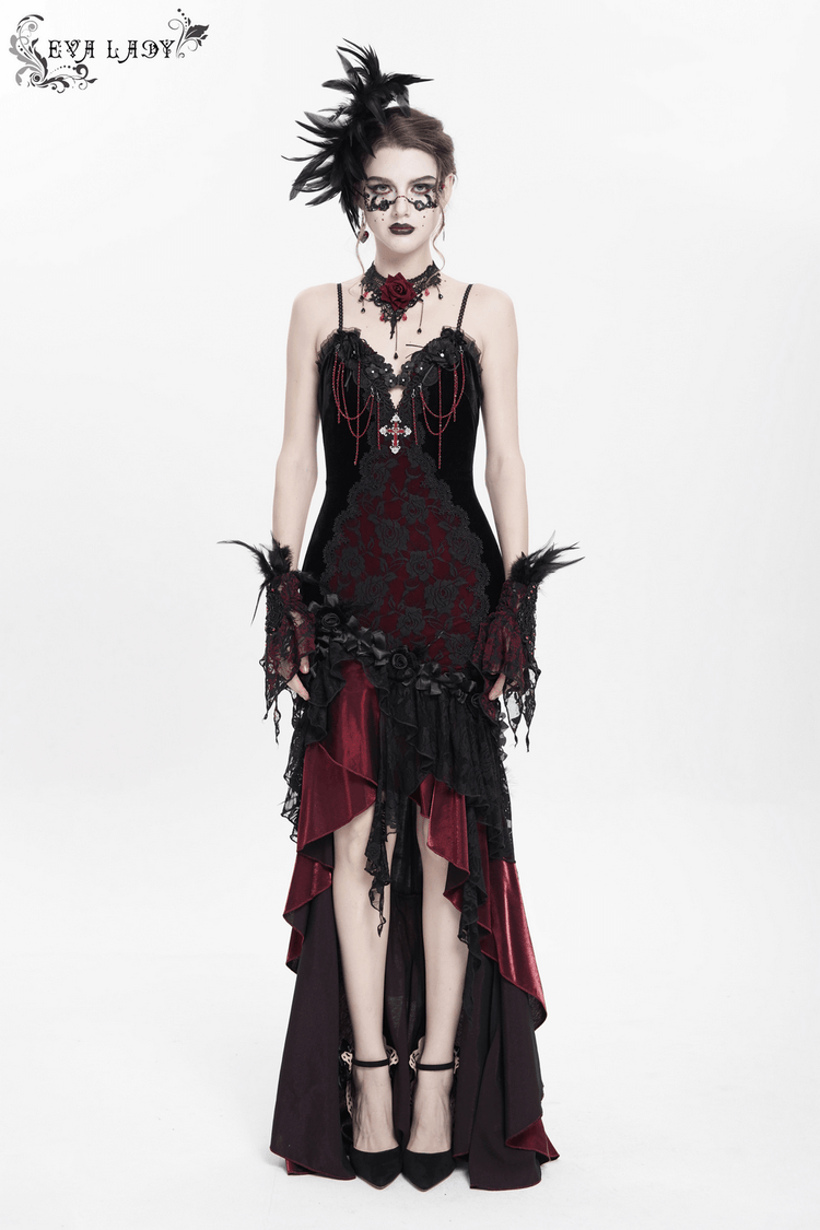 Gothic Velvet and Lace High-Low Dress with Cross Pendant - image 16