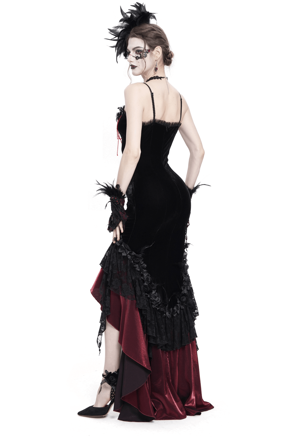 Gothic Velvet and Lace High-Low Dress with Cross Pendant - image 2