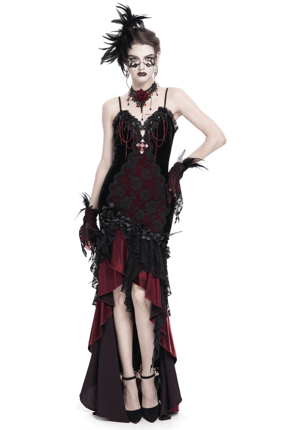 Gothic Velvet and Lace High-Low Dress with Cross Pendant - image 1