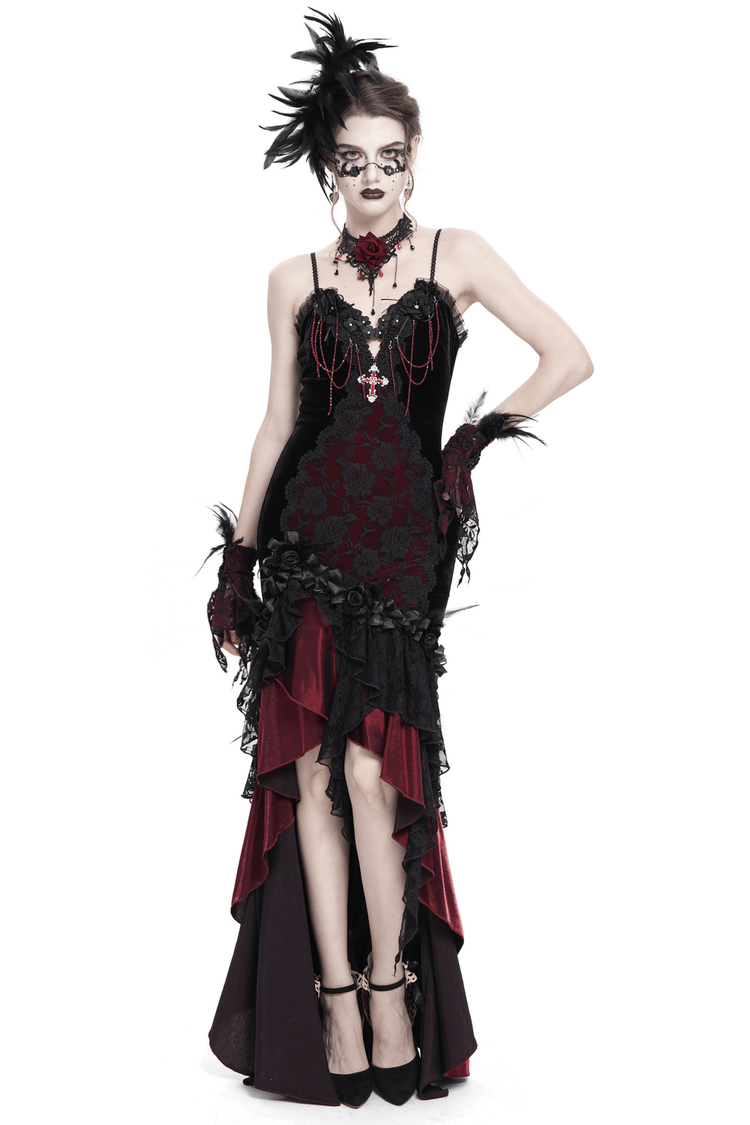 Gothic Velvet and Lace High-Low Dress with Cross Pendant - image 1
