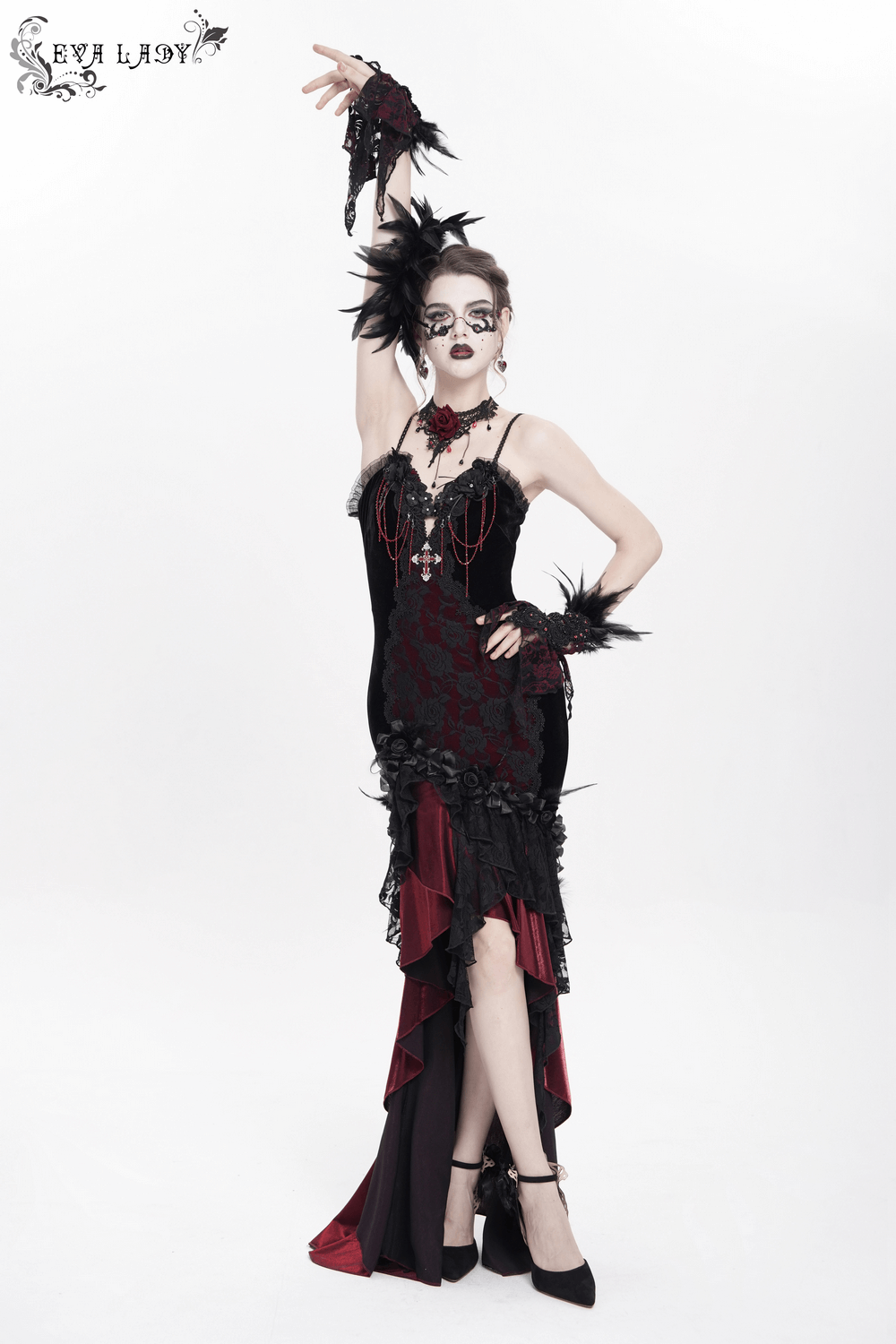 Gothic Velvet and Lace High-Low Dress with Cross Pendant - image 19