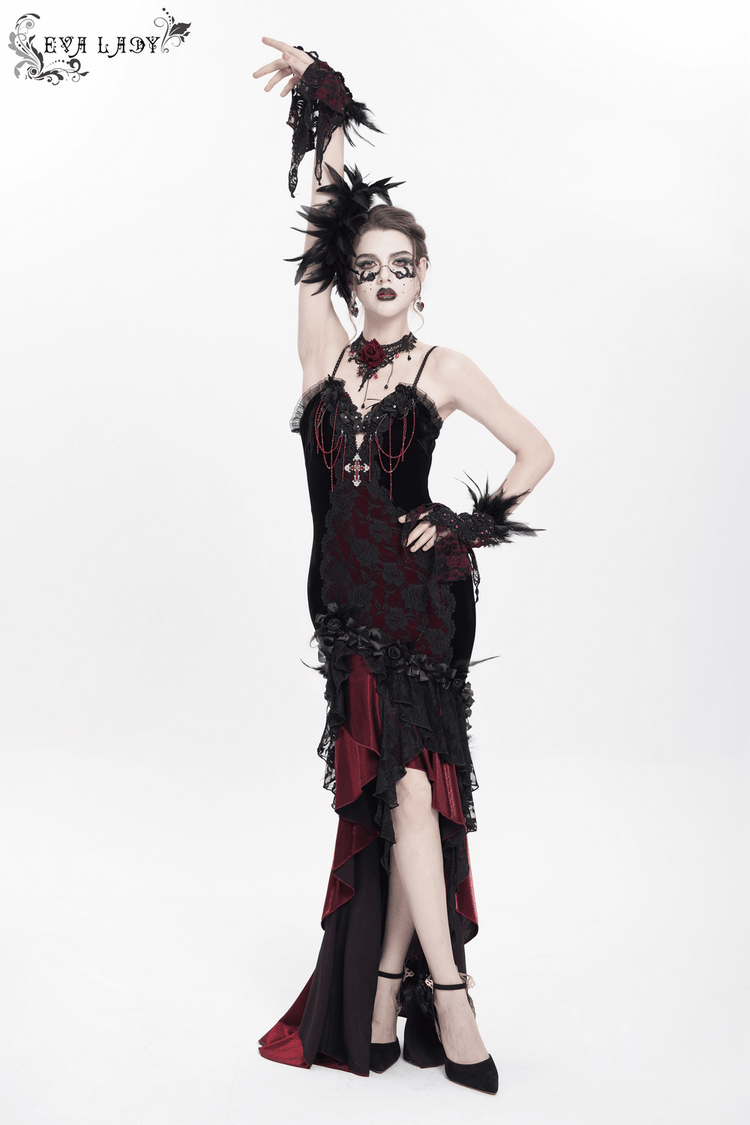 Gothic Velvet and Lace High-Low Dress with Cross Pendant - image 19