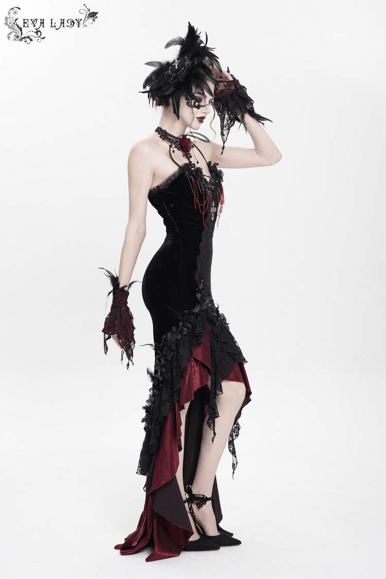 Gothic Velvet and Lace High-Low Dress with Cross Pendant - image 18