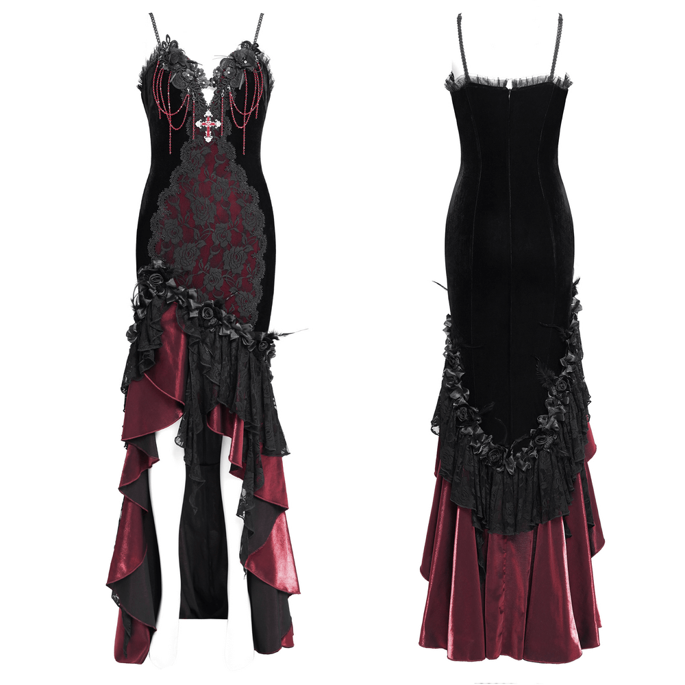 Gothic Velvet and Lace High-Low Dress with Cross Pendant - image 3