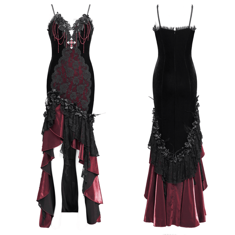 Gothic Velvet and Lace High-Low Dress with Cross Pendant - image 3