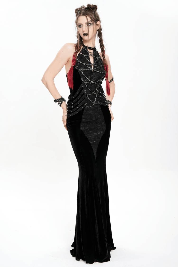 Gothic Velvet Chain Maxi Dress with Halter Neckline - image 14