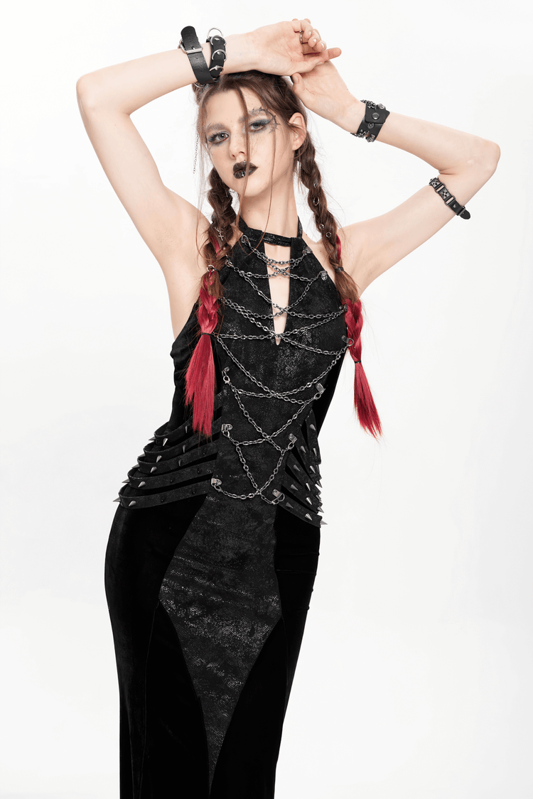 US SALE of Gothic Velvet Chain Maxi Dress with Halter Neckline - image 12