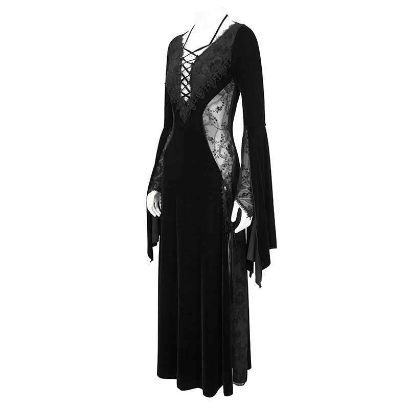 Gothic Velvet Dress with Floral Embroidery on Chest and Flared Sleeves - image 4