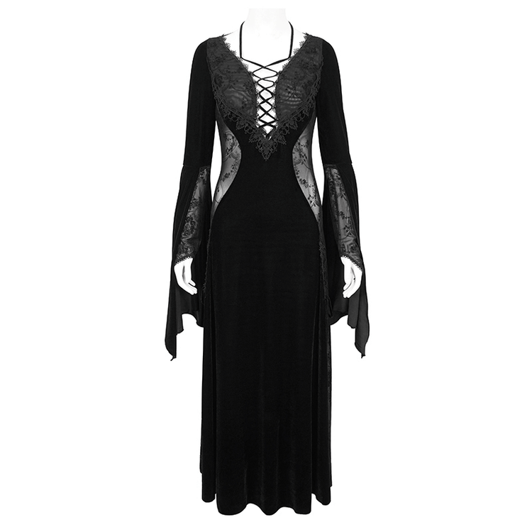 Gothic Velvet Dress with Floral Embroidery on Chest and Flared Sleeves - image 3