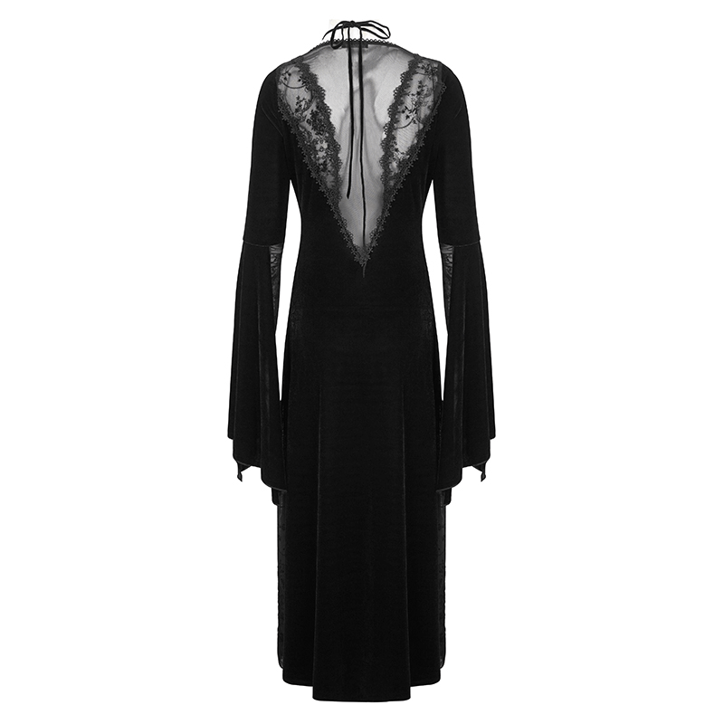 Gothic Velvet Dress with Floral Embroidery on Chest and Flared Sleeves - image 5