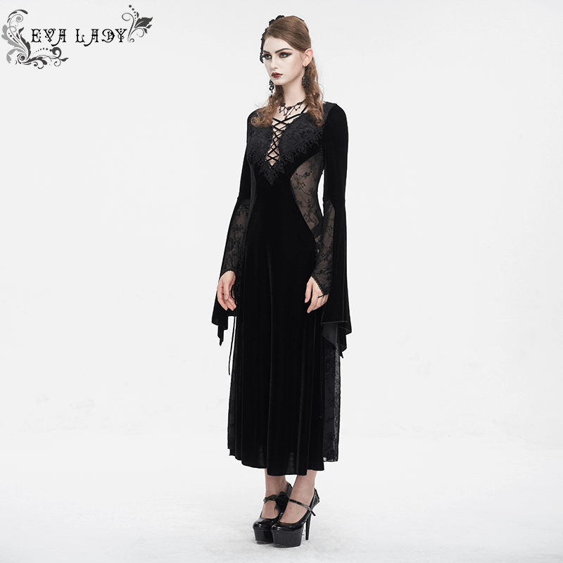 Gothic Velvet Dress with Floral Embroidery on Chest and Flared Sleeves - image 13