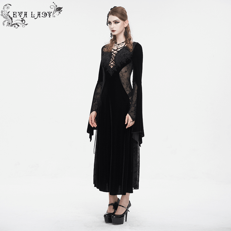 Gothic Velvet Dress with Floral Embroidery on Chest and Flared Sleeves - image 13