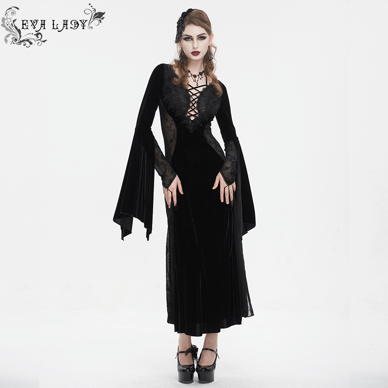 Gothic Velvet Dress with Floral Embroidery on Chest and Flared Sleeves - image 10