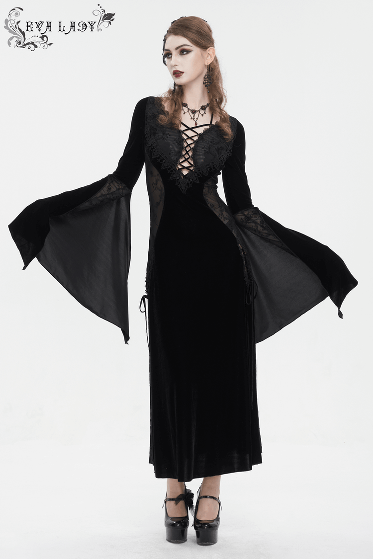Gothic Velvet Dress with Floral Embroidery on Chest and Flared Sleeves - image 12