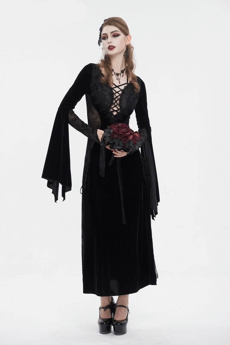 Gothic Velvet Dress with Floral Embroidery on Chest and Flared Sleeves - image 11