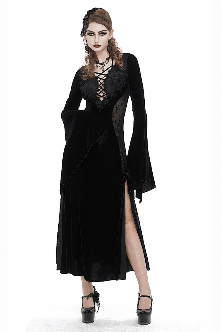 Gothic Velvet Dress with Floral Embroidery on Chest and Flared Sleeves - image 1