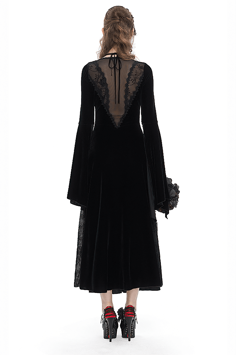 Gothic Velvet Dress with Floral Embroidery on Chest and Flared Sleeves - image 2