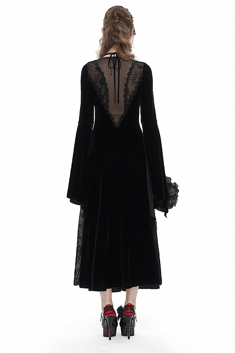 Gothic Velvet Dress with Floral Embroidery on Chest and Flared Sleeves - image 2