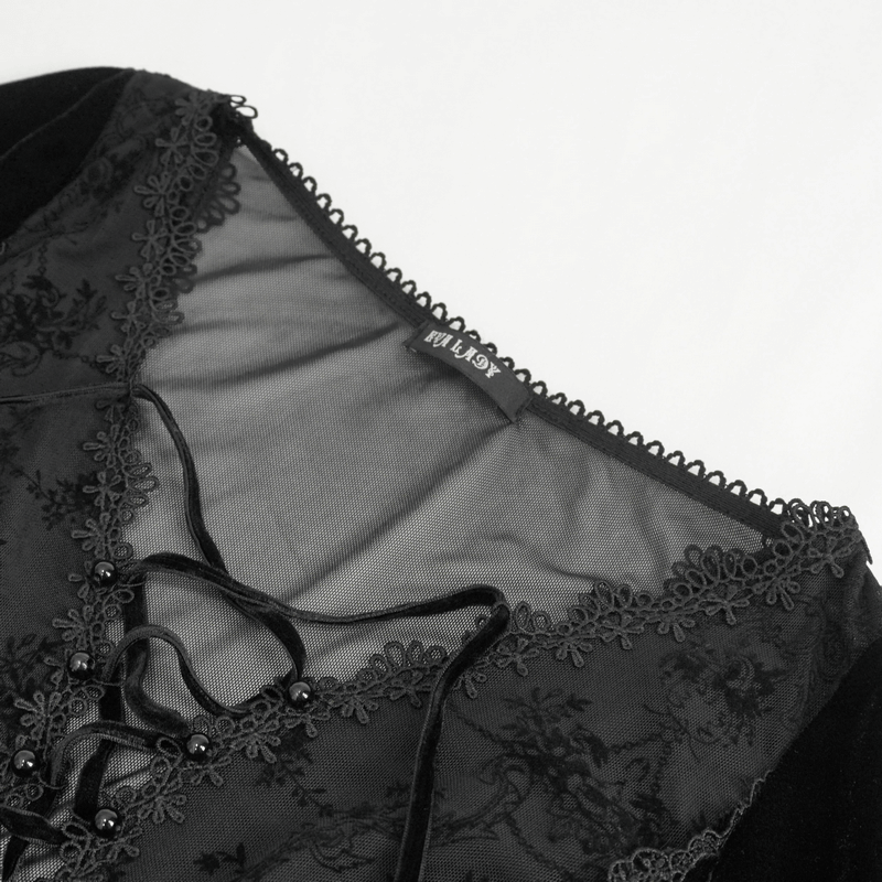 Gothic Velvet Dress with Floral Embroidery on Chest and Flared Sleeves - image 7