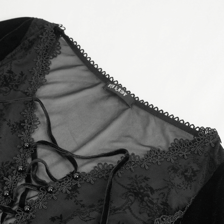 Gothic Velvet Dress with Floral Embroidery on Chest and Flared Sleeves - image 7