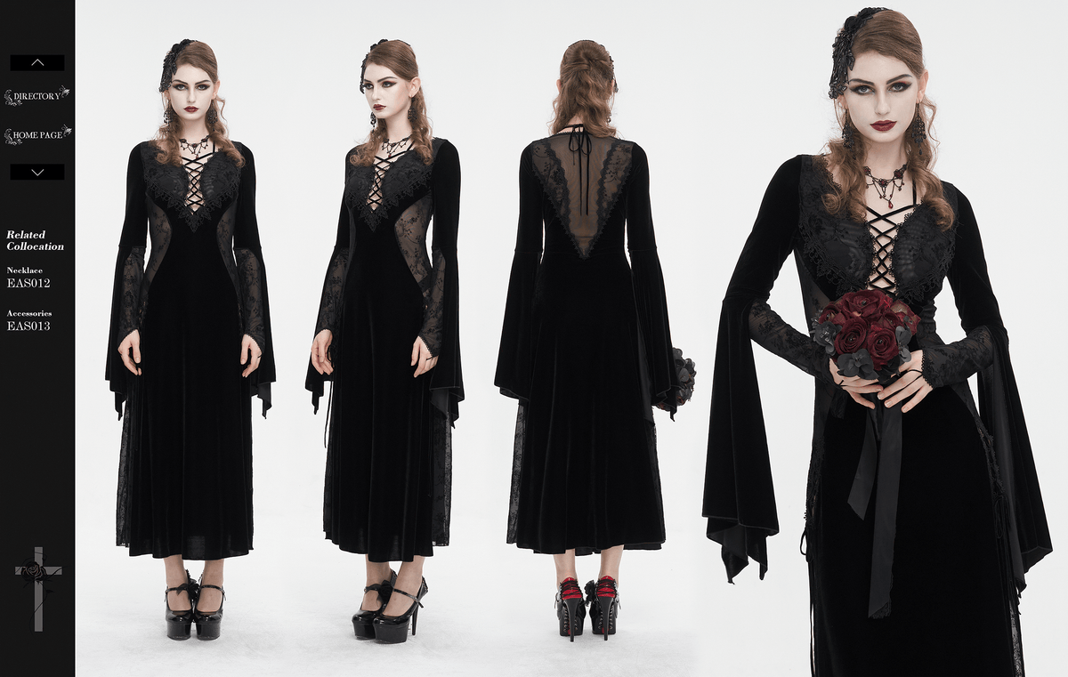 Gothic Velvet Dress with Floral Embroidery on Chest and Flared Sleeves - image 14