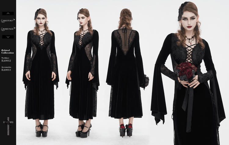 Gothic Velvet Dress with Floral Embroidery on Chest and Flared Sleeves - image 14