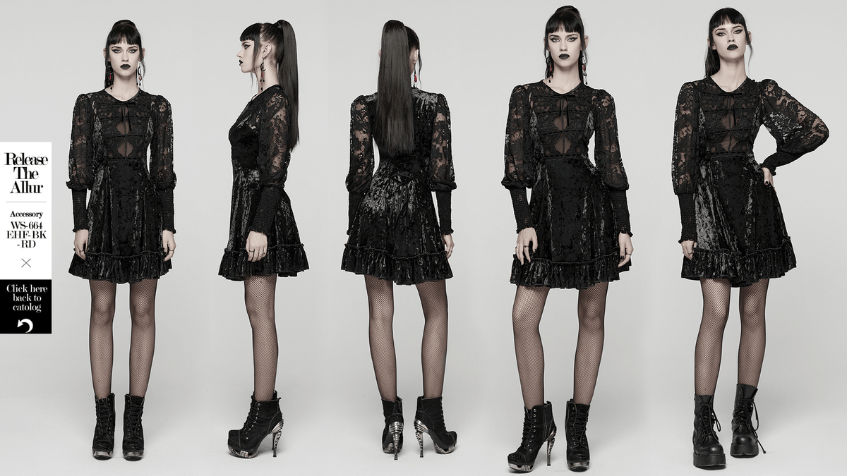 Gothic Velvet Lace Mini Dress with Lantern Sleeves - image 14