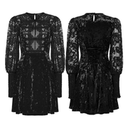 Gothic Velvet Lace Mini Dress with Lantern Sleeves - image 3