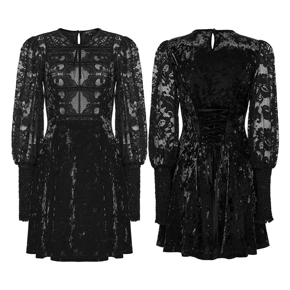 Gothic Velvet Lace Mini Dress with Lantern Sleeves - image 3
