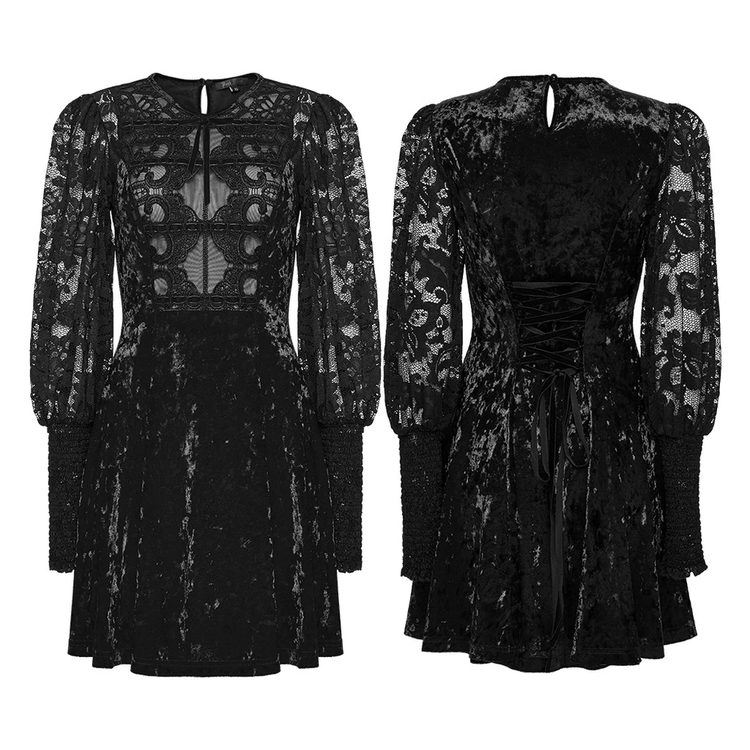 Gothic Velvet Lace Mini Dress with Lantern Sleeves - image 3