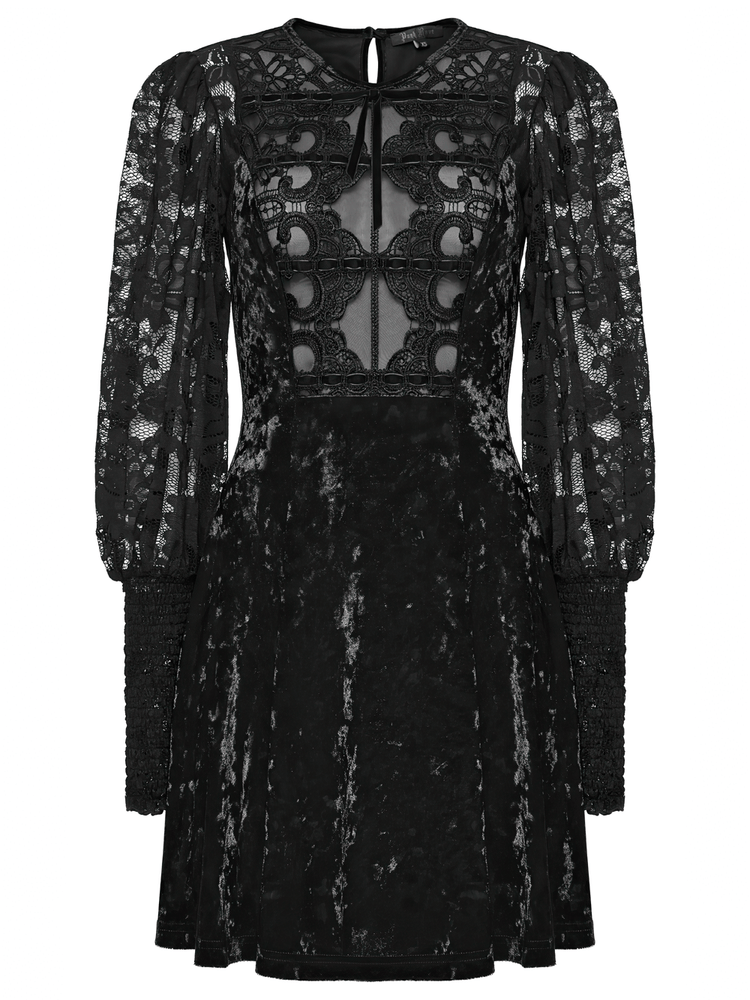 Gothic Velvet Lace Mini Dress with Lantern Sleeves - image 4
