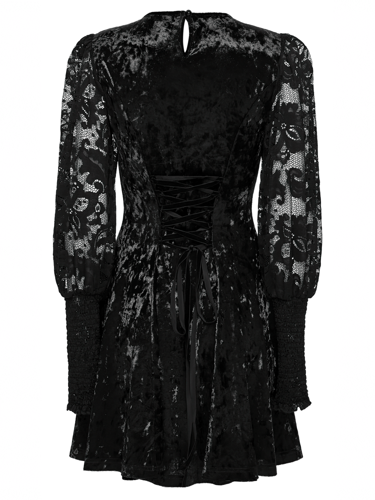 Gothic Velvet Lace Mini Dress with Lantern Sleeves - image 6