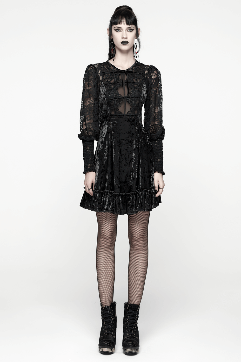 Gothic Velvet Lace Mini Dress with Lantern Sleeves - image 11
