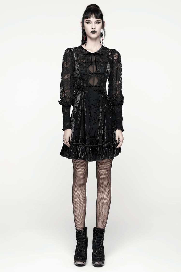 Gothic Velvet Lace Mini Dress with Lantern Sleeves - image 11